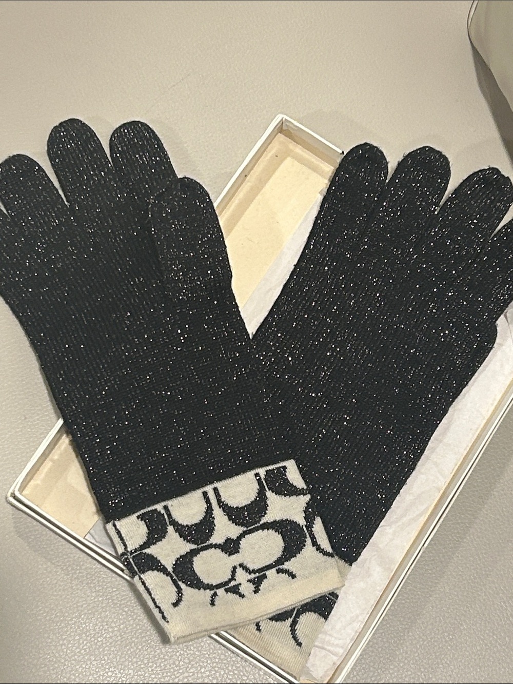 Coach Black Lurex Knit Gloves with Signature Pattern Cuffs